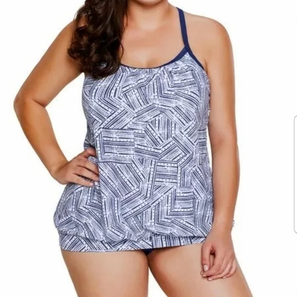 Women's Large White Navy Blue Print Tankini 2pcs - Picture 3 of 4